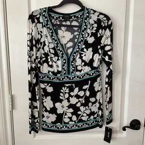 Nicole Miller Womens Black Floral Long Sleeve V-Neck Tunic Blouse Top Medium NWT